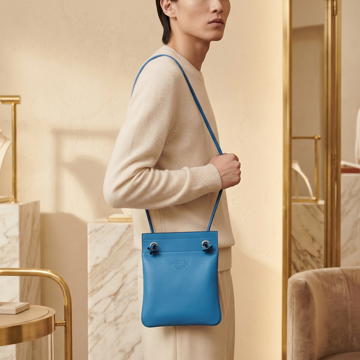 Hermes Aline Mini H082365CKAA Women's Agneau Milo,Swift Leather Shoulder Bag Blue