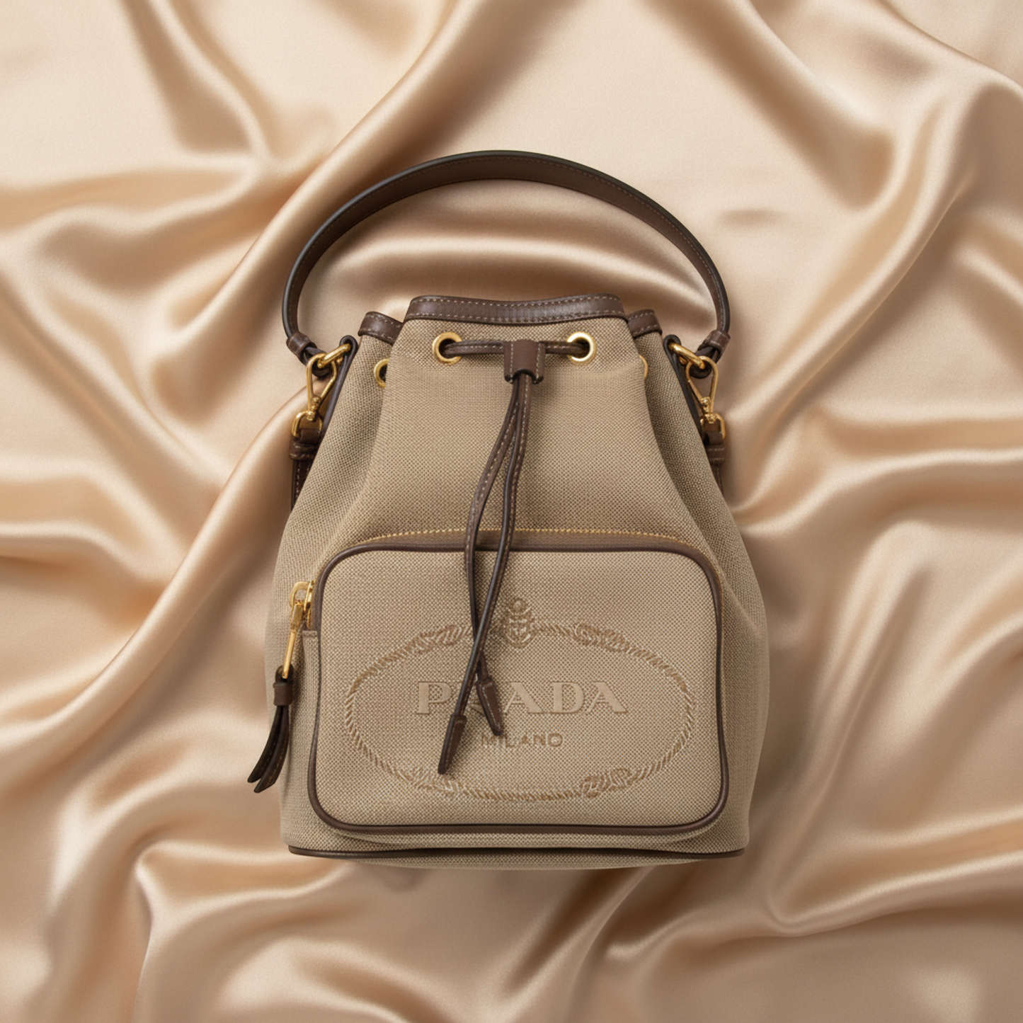 Prada Logo Jacquard Drawstring Bag Women's Leather,Jacquard Handbag,Shoulder Bag Beige Brown,Dark Brown