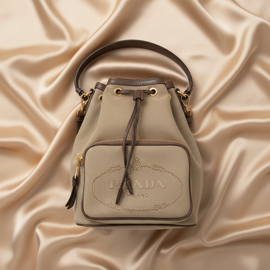 Prada Logo Jacquard Drawstring Bag Women's Leather,Jacquard Handbag,Shoulder Bag Beige Brown,Dark Brown
