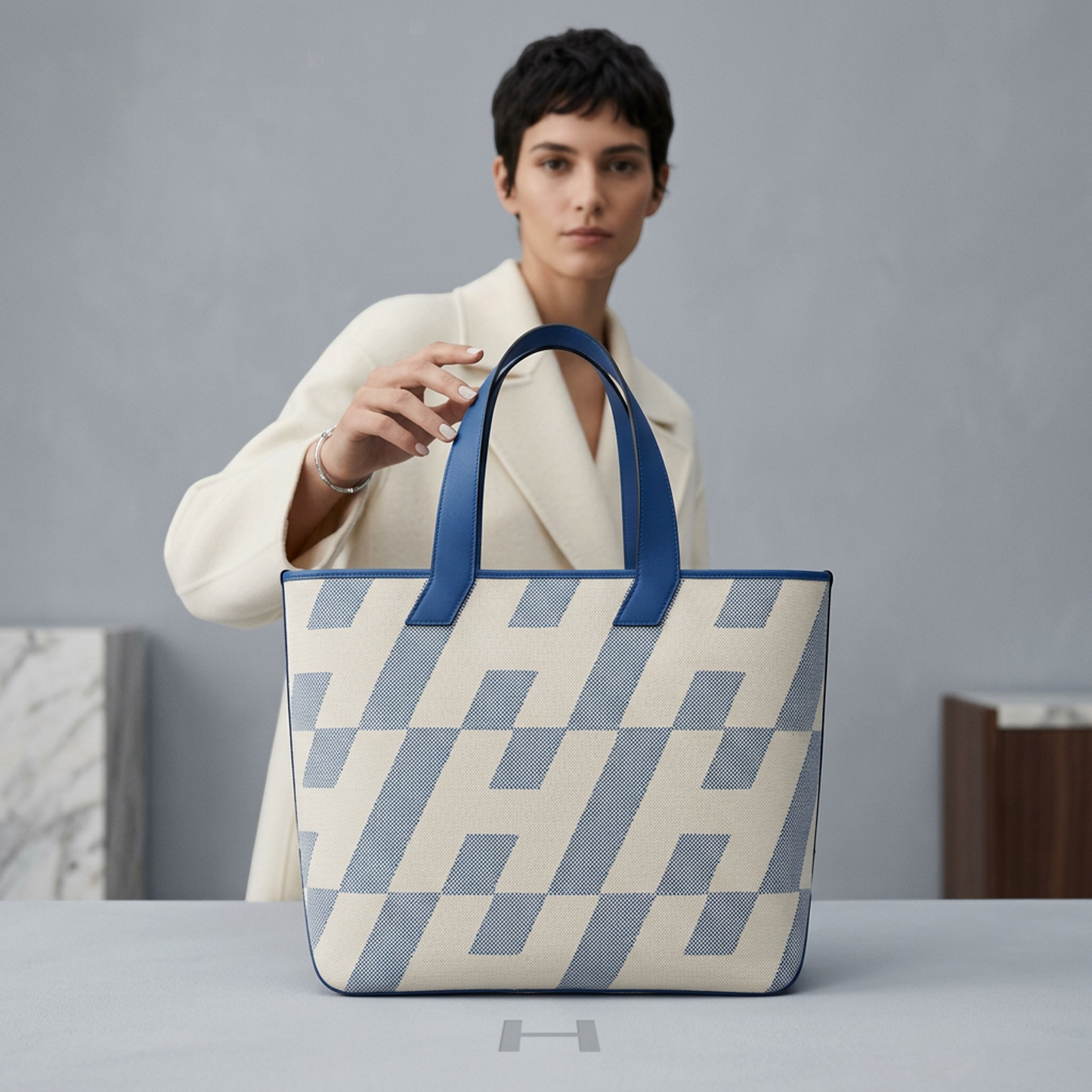 Hermes Ambie GM Women,Men Toile H,Swift Leather Tote Bag Blue,Off-white