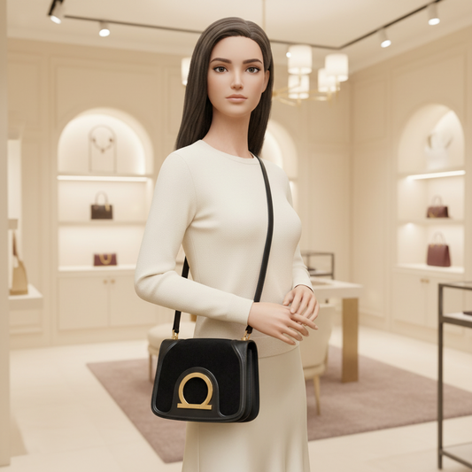 Salvatore Ferragamo Gancini AX-21 1820 Women's Leather,Suede Shoulder Bag Black