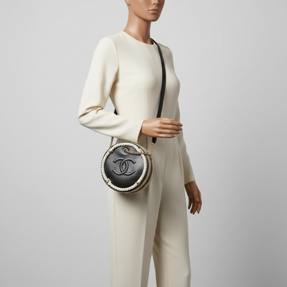Chanel Coco Mark Round Chain Shoulder Bag Women's Leather Handbag,Shoulder Bag Black,Light Beige