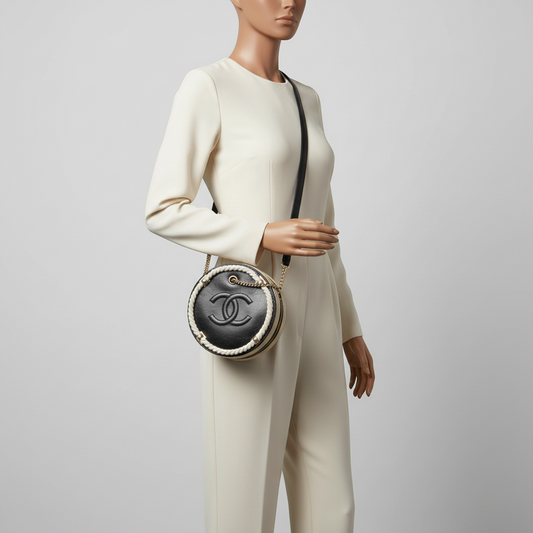 Chanel Coco Mark Round Chain Shoulder Bag Women's Leather Handbag,Shoulder Bag Black,Light Beige