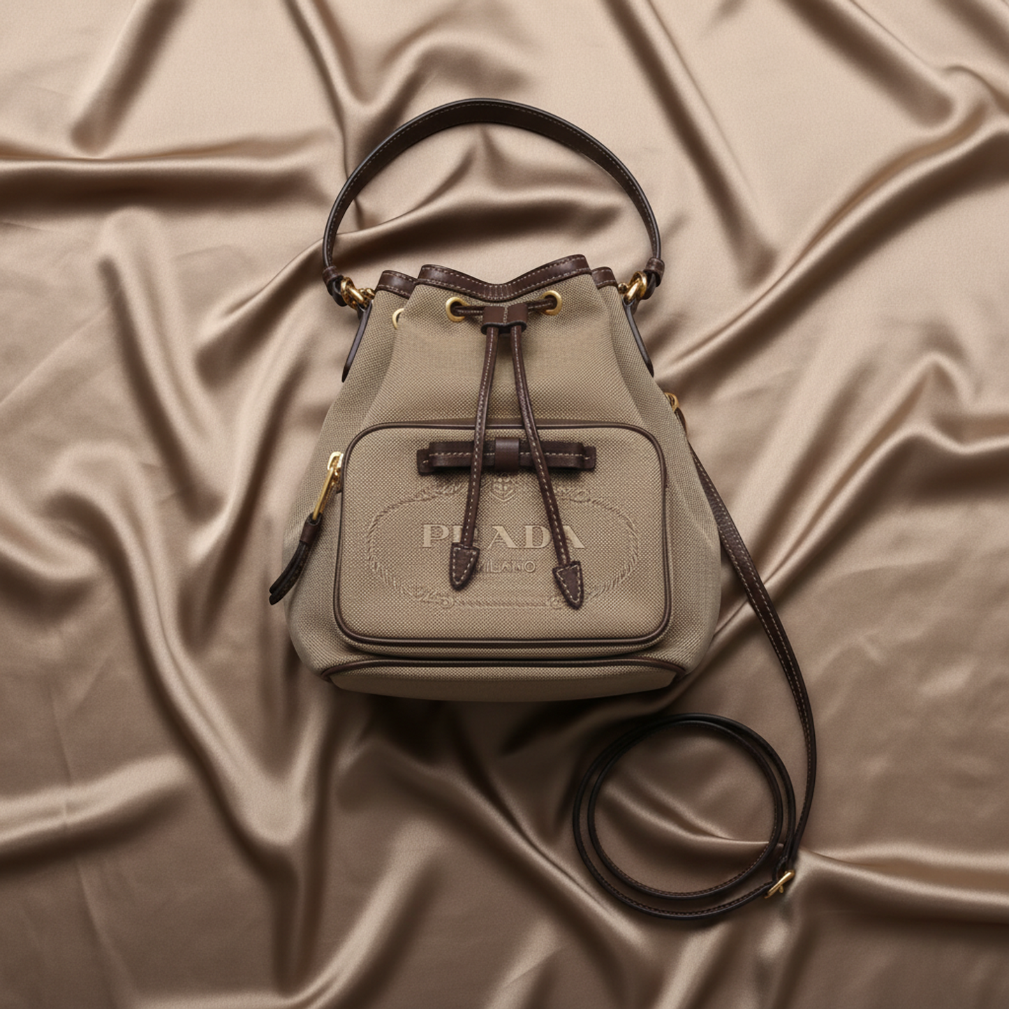 Prada Logo Jacquard Drawstring Bag Women's Leather,Jacquard Handbag,Shoulder Bag Beige Brown,Dark Brown