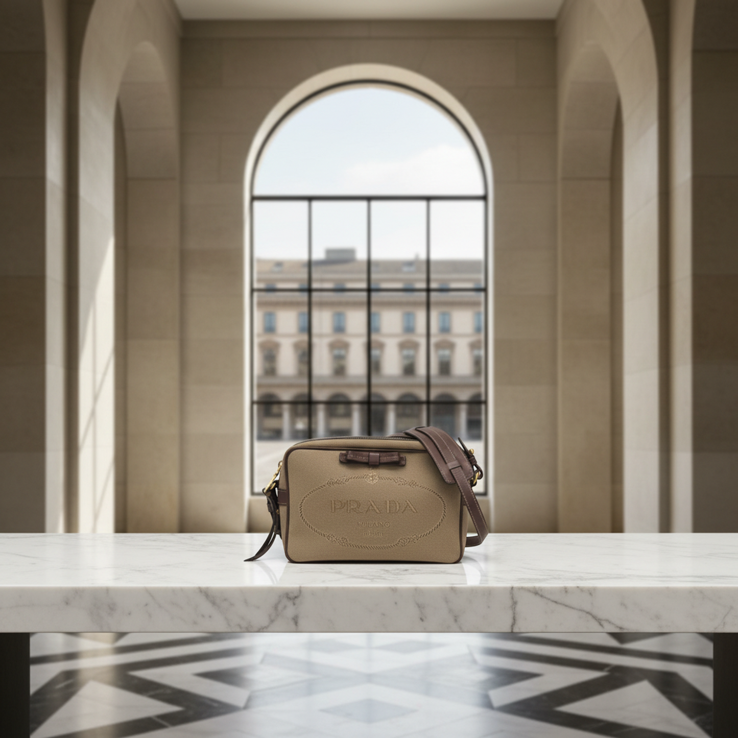 Prada LOGO JACQUARD 1BH089 Women's Jacquard,Leather Shoulder Bag Beige,Brown