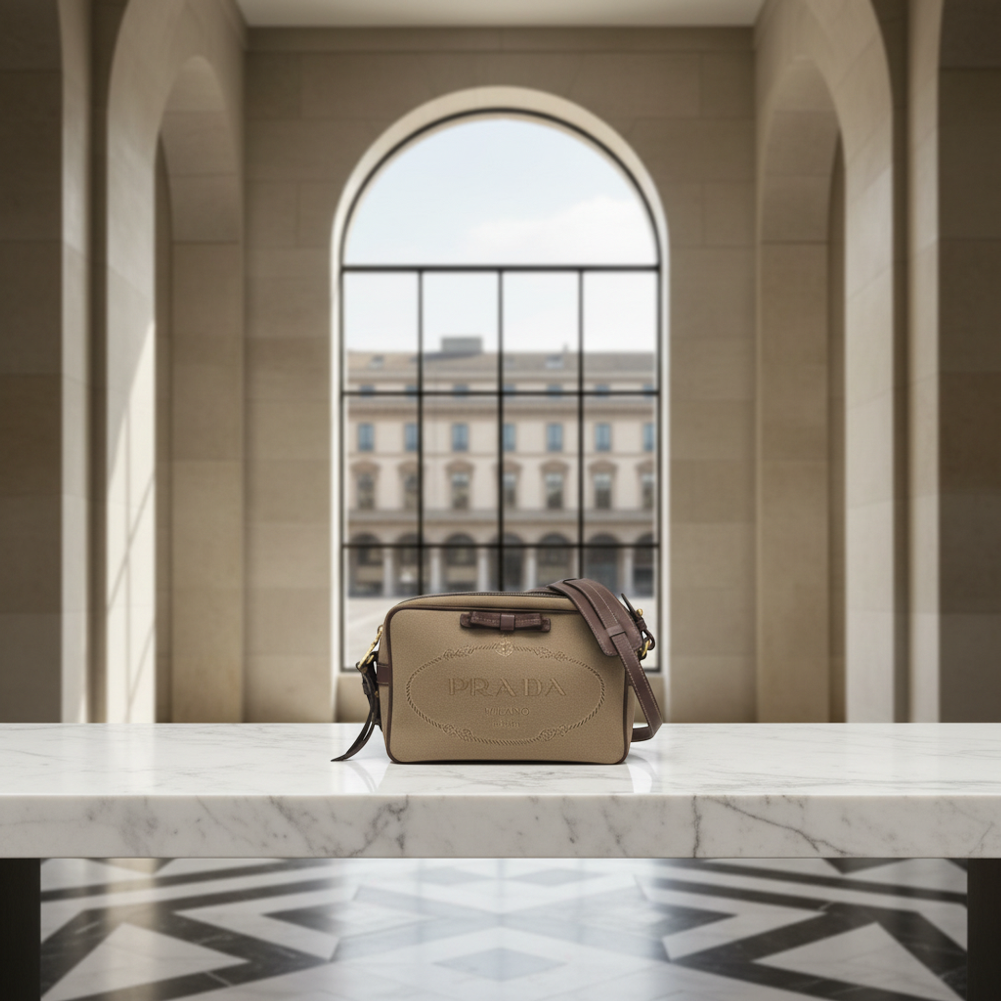 Prada LOGO JACQUARD 1BH089 Women's Jacquard,Leather Shoulder Bag Beige,Brown