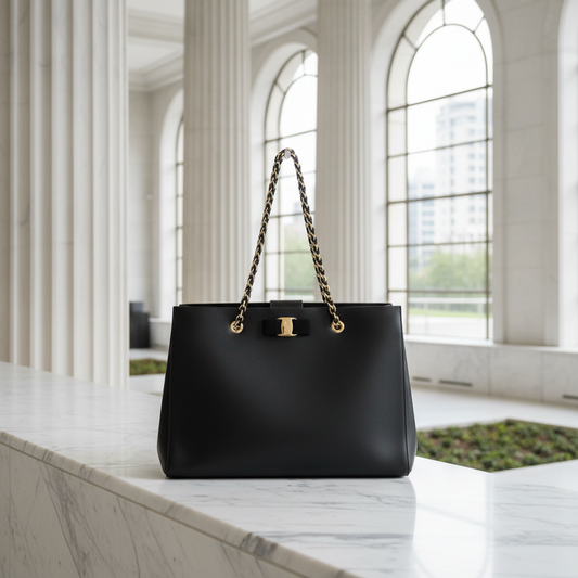 Salvatore Ferragamo Vara Chain Shoulder Tote GF-21 F561 Women's Leather Tote Bag Black