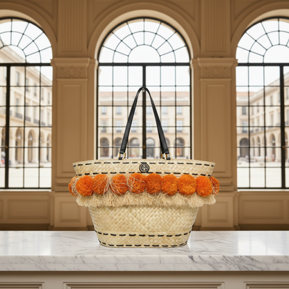Tory Burch Pom Pom Beach Basket Bag Women's Straw,Rattan Basket,Tote Bag Light Beige,Orange
