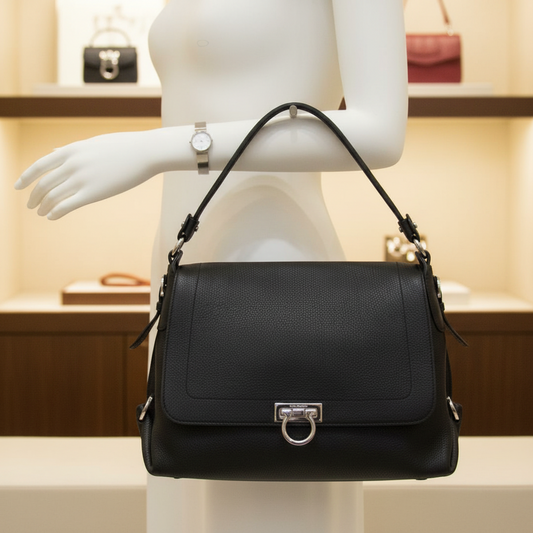 Salvatore Ferragamo Gancini One-shoulder Bag GG-21 D205 Women's Leather Shoulder Bag Black