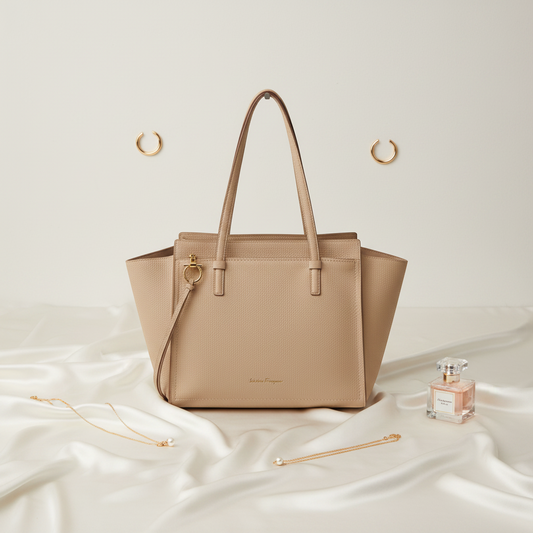 Salvatore Ferragamo Gancini GG-21 F216 Women's Leather Tote Bag Light Beige