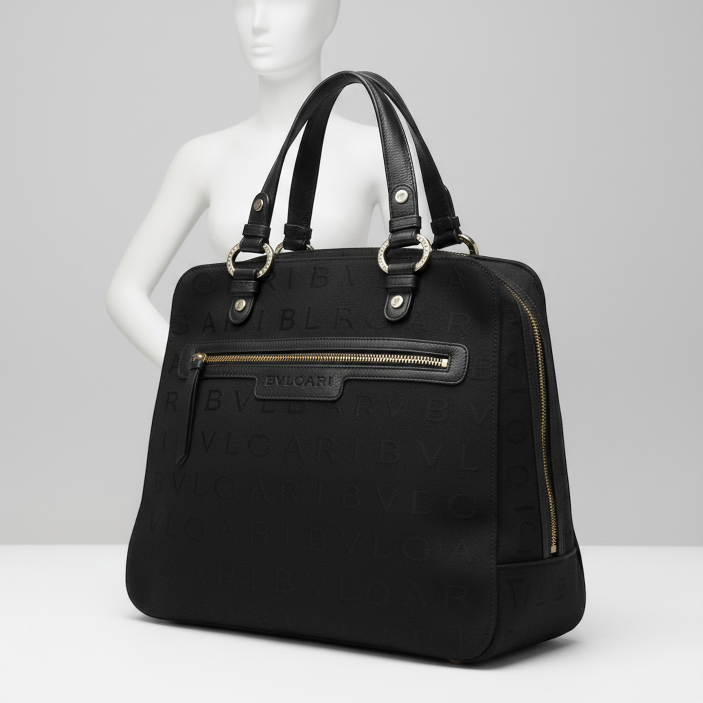 Bvlgari Logomania Women's Canvas,Leather Handbag Black