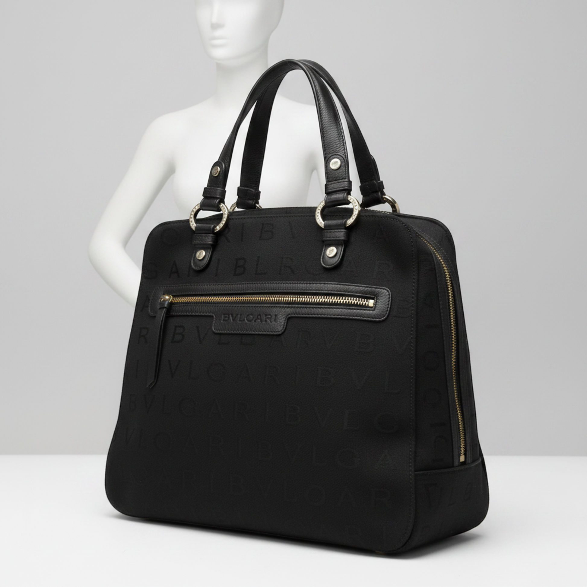 Bvlgari Logomania Women's Canvas,Leather Handbag Black