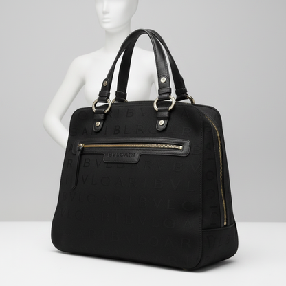 Bvlgari Logomania Women's Canvas,Leather Handbag Black