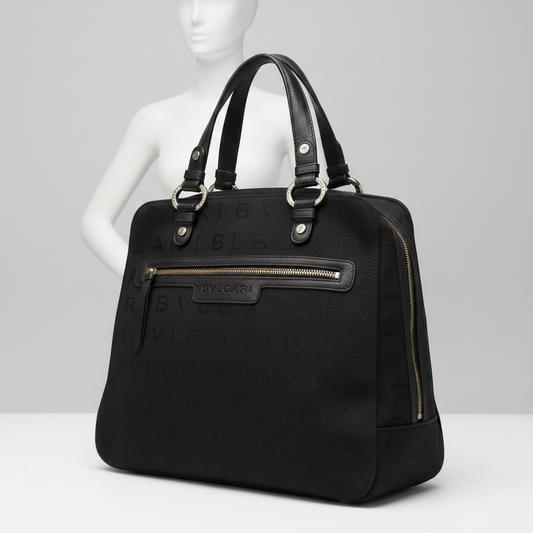 Bvlgari Logomania Women's Canvas,Leather Handbag Black