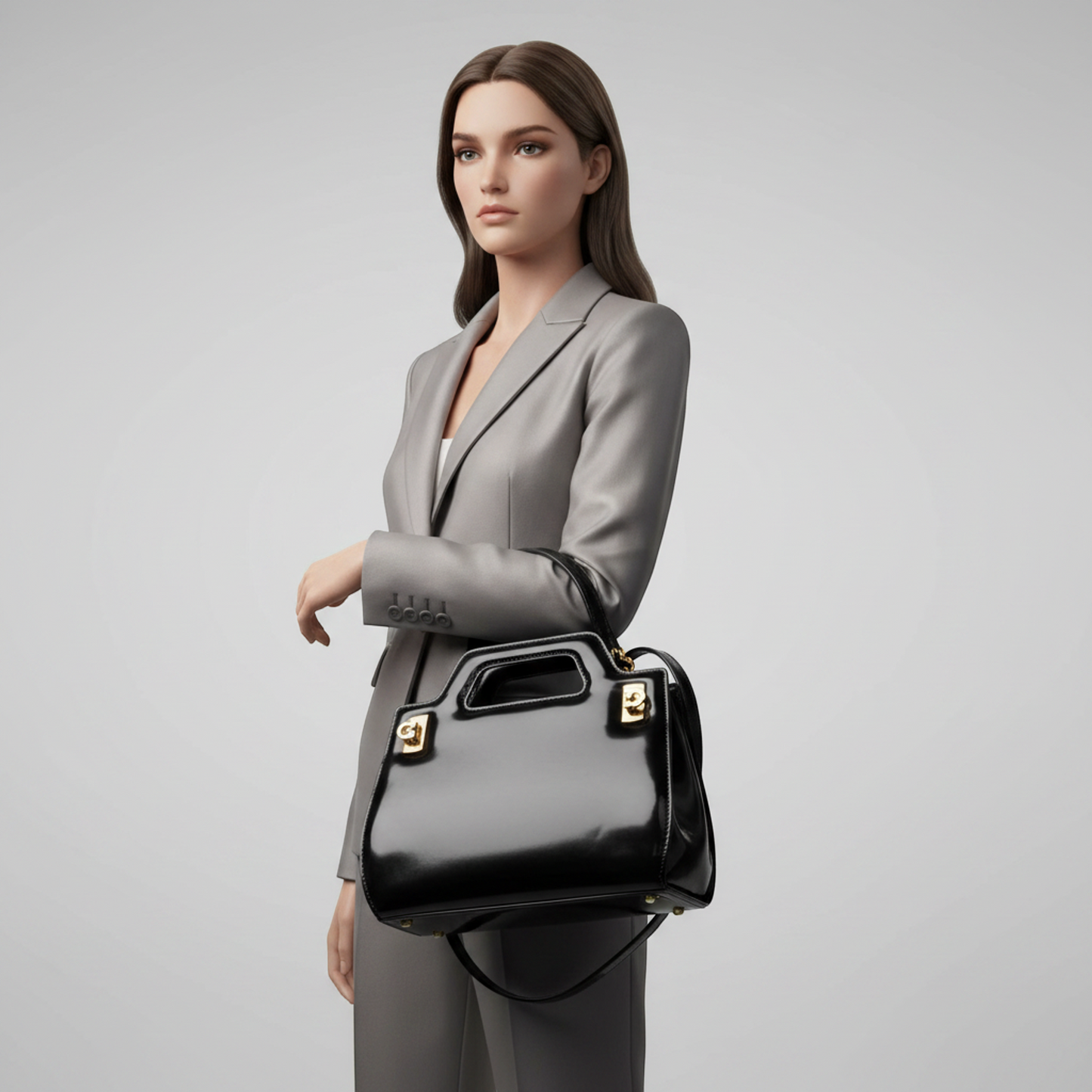 Salvatore Ferragamo Gancini Wanda AU-21 3485 Women's Leather Handbag,Shoulder Bag Black
