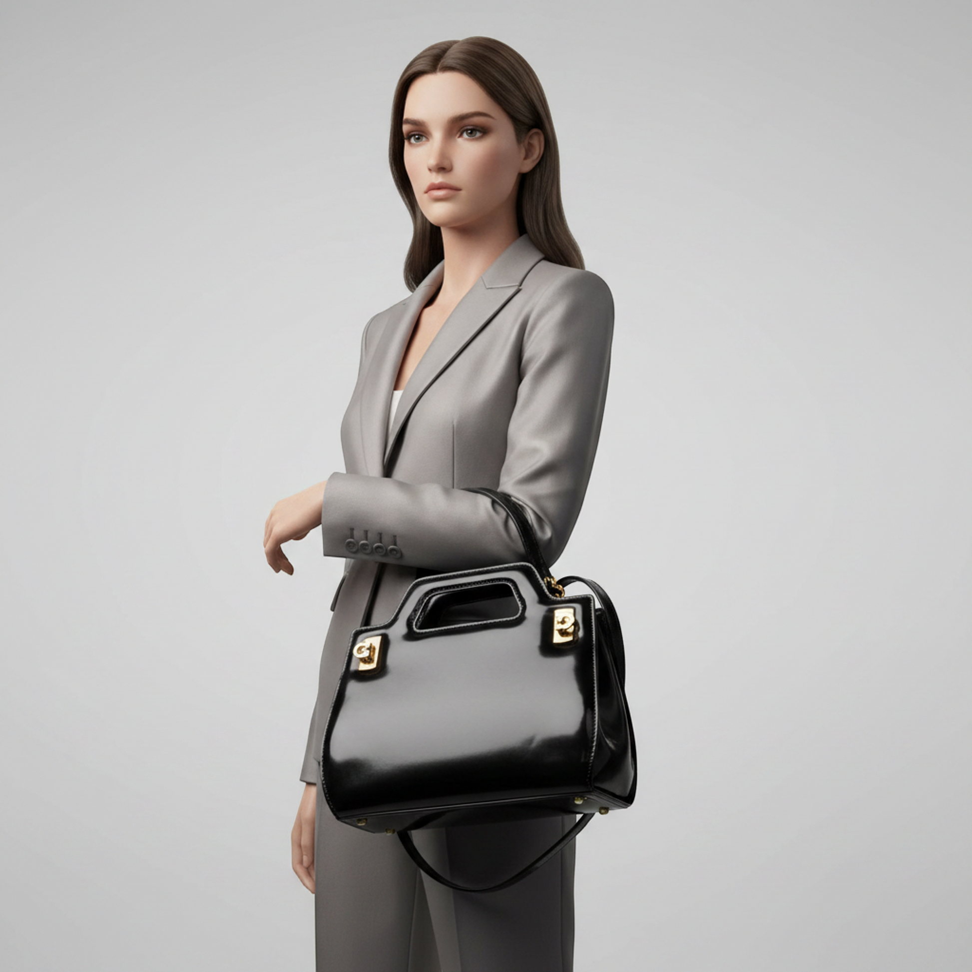 Salvatore Ferragamo Gancini Wanda AU-21 3485 Women's Leather Handbag,Shoulder Bag Black