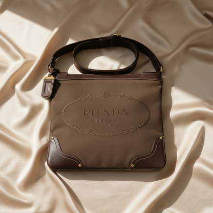 Prada Logo Jacquard Women's Canvas,Leather Shoulder Bag Dark Brown