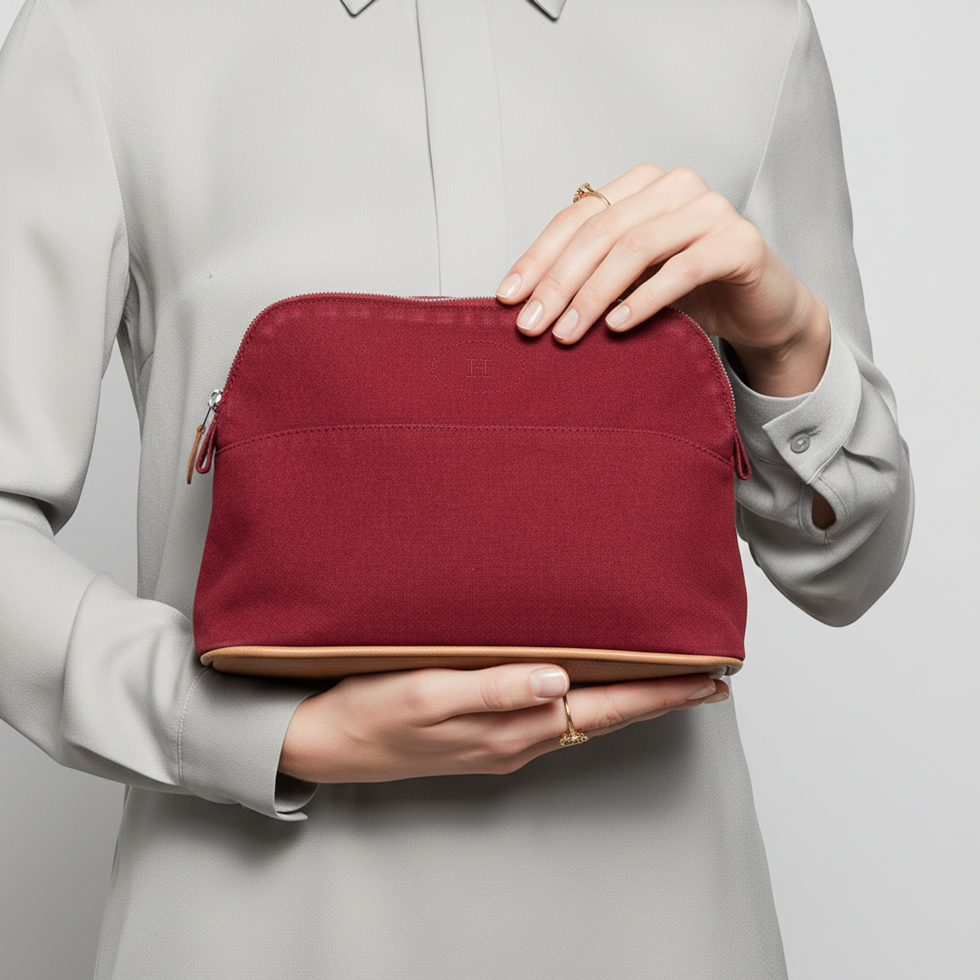 Hermes Bolide MM Women's Cotton,Leather Pouch Bordeaux,Brown