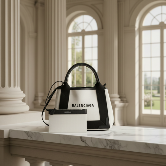 Balenciaga Navy Cabas XS 390346 Women's Canvas,Leather Handbag,Shoulder Bag Black,Cream