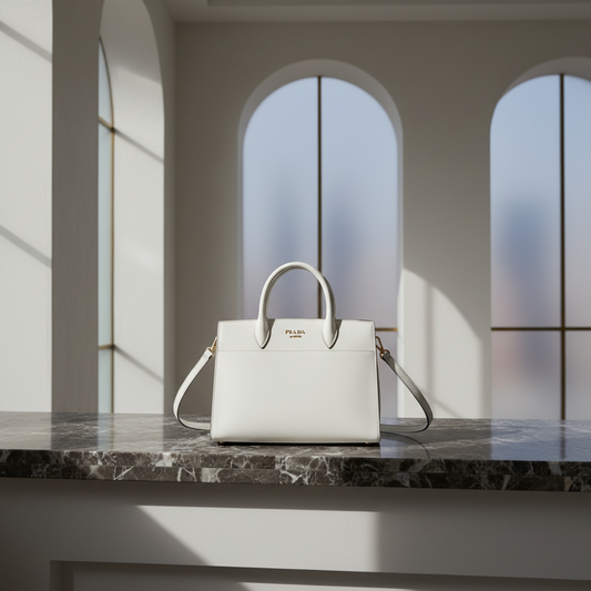 Prada Bibliothèque 1BC034 Women's Leather Handbag,Shoulder Bag White