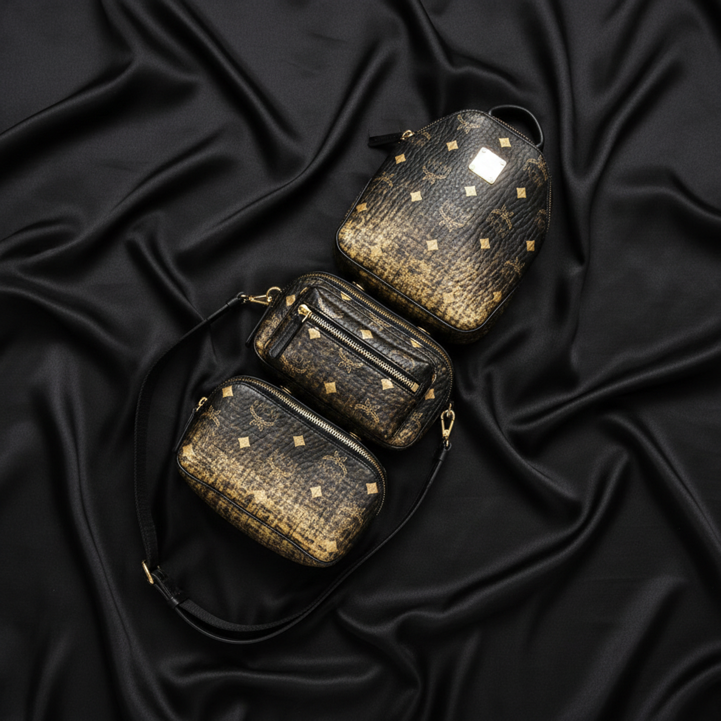 MCM Visetos Triple Body Bag MUL9ARN11DG001 Men's Coated Canvas,Leather Shoulder Bag,Sling Bag Gold,Black