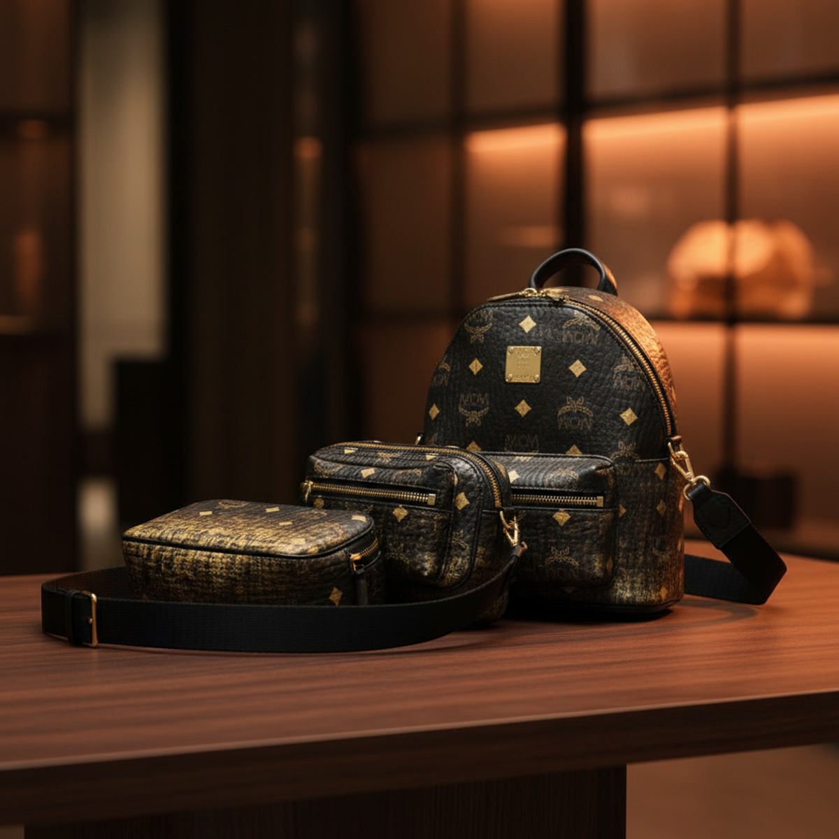 MCM Visetos Triple Body Bag MUL9ARN11DG001 Men's Coated Canvas,Leather Shoulder Bag,Sling Bag Gold,Black