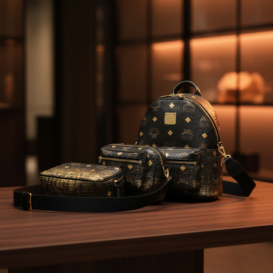 MCM Visetos Triple Body Bag MUL9ARN11DG001 Men's Coated Canvas,Leather Shoulder Bag,Sling Bag Gold,Black