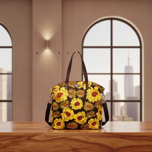 Prada TESSUTO Floral Print Women's Nylon Shoulder Bag,Tote Bag Black,Yellow