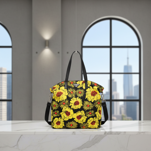 Prada TESSUTO Floral Print Women's Nylon Shoulder Bag,Tote Bag Black,Yellow