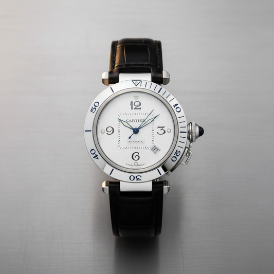 CARTIER Pasha 38 Steel Leather Automatic Mens Watch W3103155 Polished