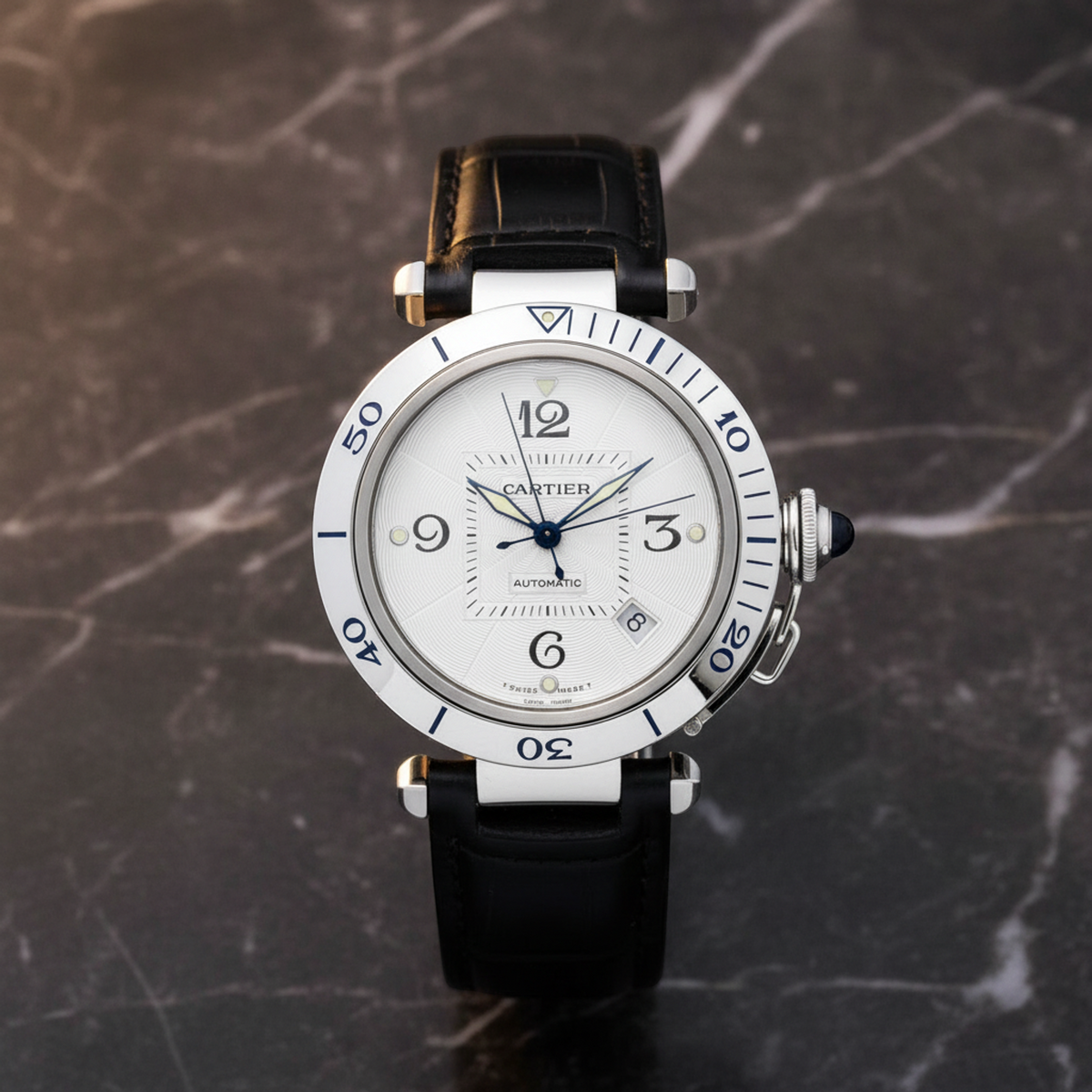 CARTIER Pasha 38 Steel Leather Automatic Mens Watch W3103155 Polished