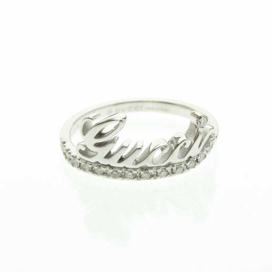 Gucci Logo Signature Diamond Ring White Gold (18K) Fashion Diamond Band Ring Silver