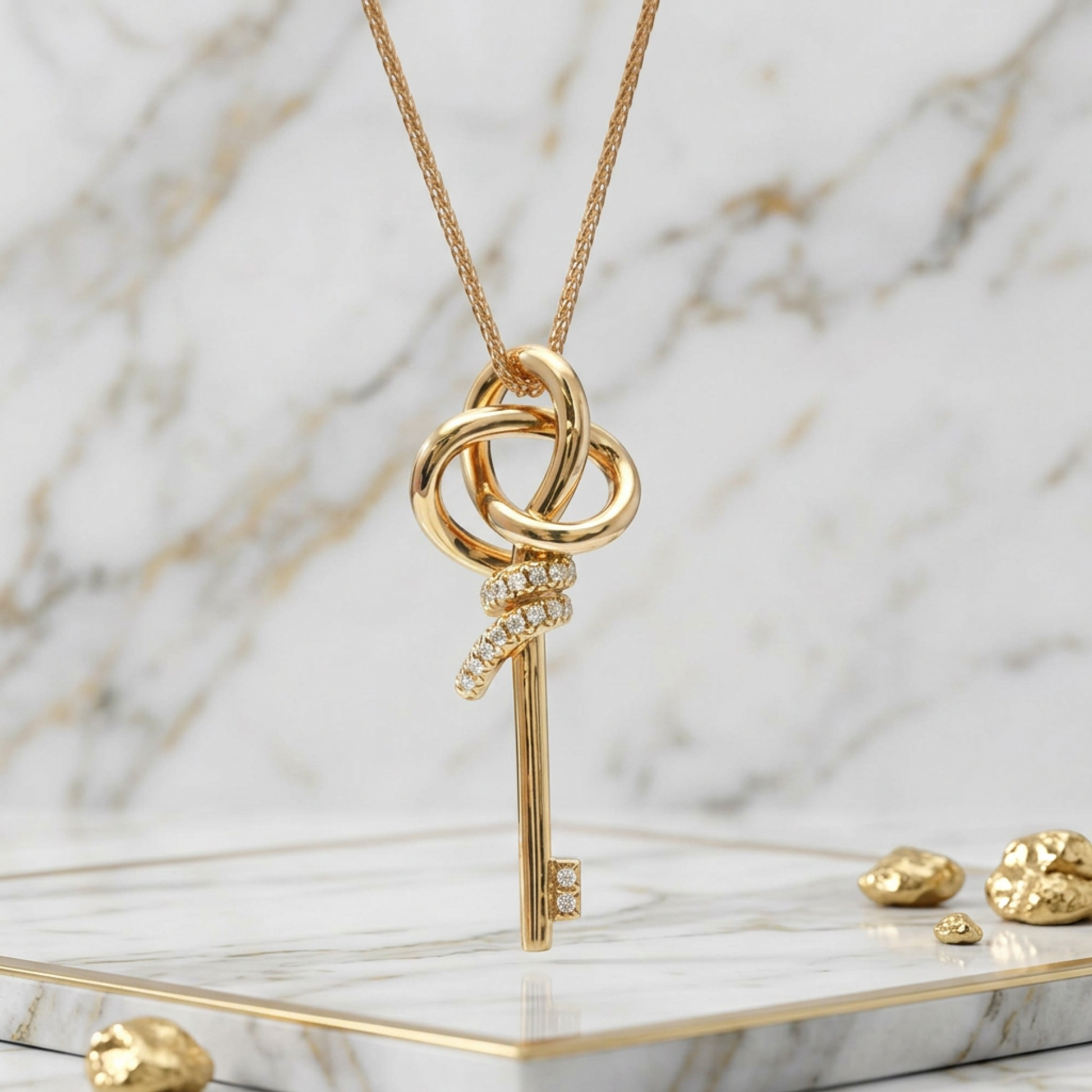 Tiffany Knot Key Diamond Necklace White Gold (18K) Diamond Men,Women Fashion Pendant Necklace (Pink Gold)