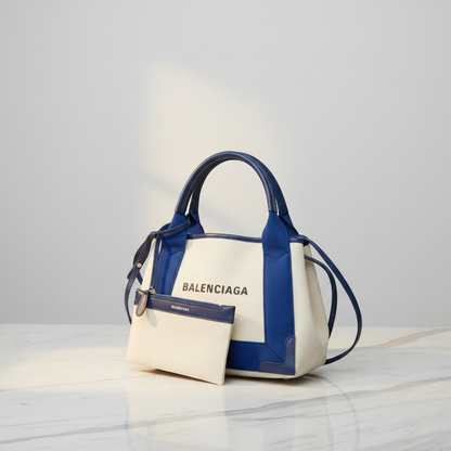 Balenciaga Navy Cabas XS 390346 Women's Canvas,Leather Handbag,Shoulder Bag Blue,Off-white