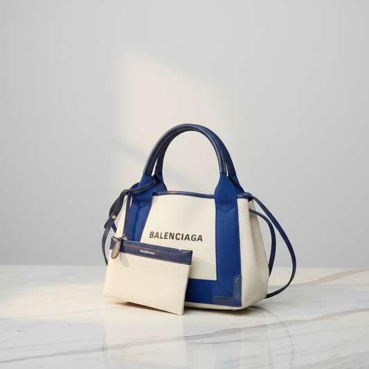 Balenciaga Navy Cabas XS 390346 Women's Canvas,Leather Handbag,Shoulder Bag Blue,Off-white