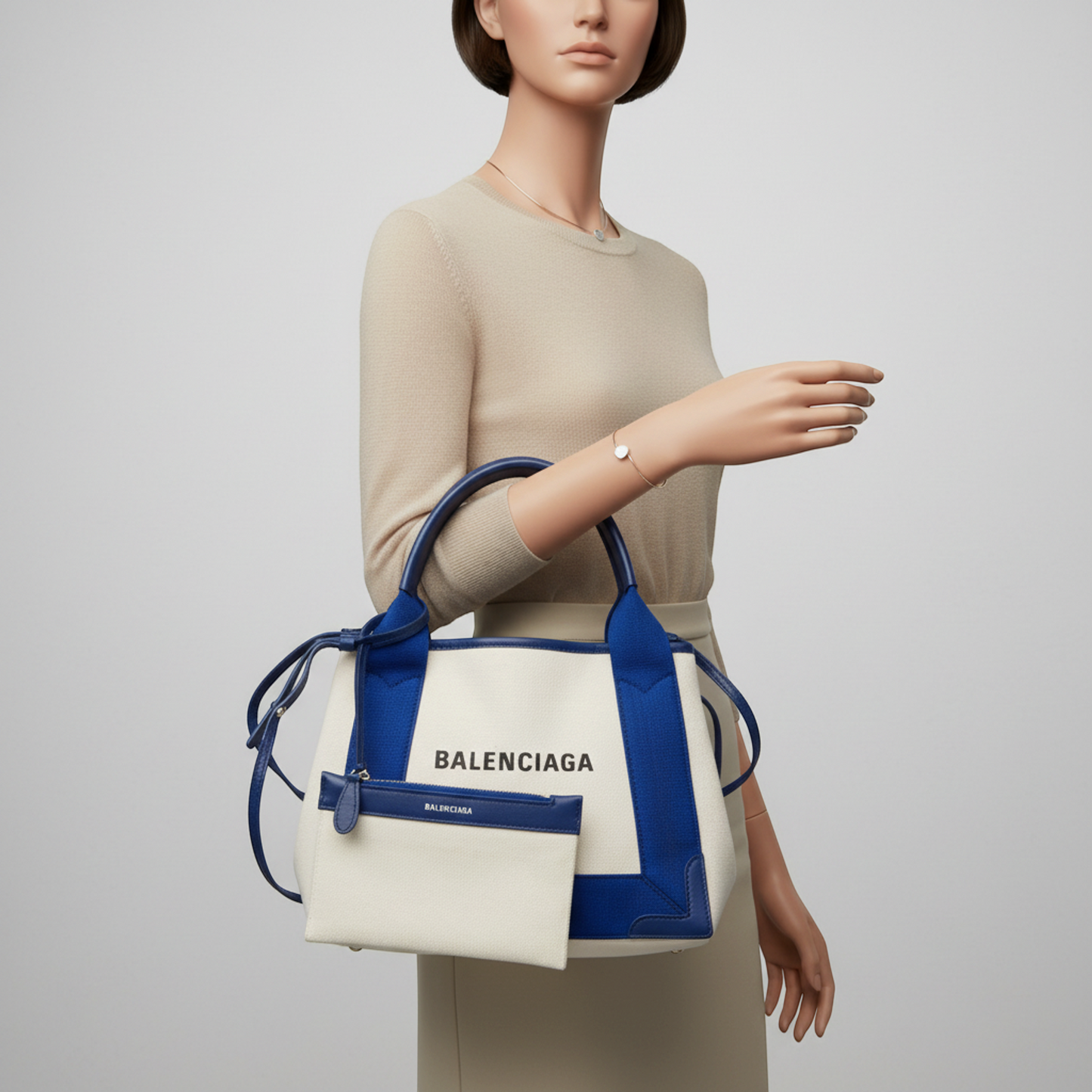 Balenciaga Navy Cabas XS 390346 Women's Canvas,Leather Handbag,Shoulder Bag Blue,Off-white
