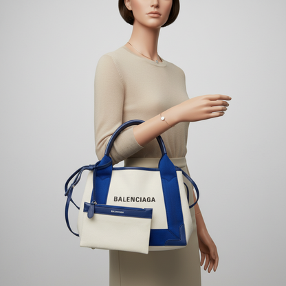 Balenciaga Navy Cabas XS 390346 Women's Canvas,Leather Handbag,Shoulder Bag Blue,Off-white