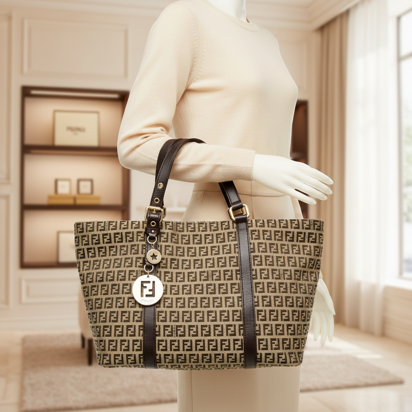 Fendi Zucchino 8BH215 Women's Canvas,Leather Tote Bag Beige,Brown