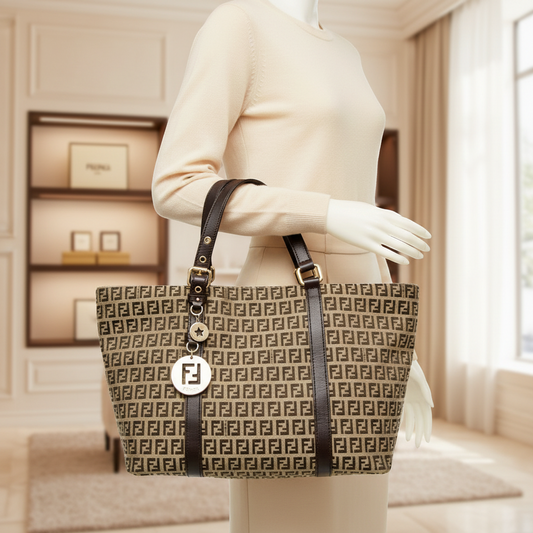 Fendi Zucchino 8BH215 Women's Canvas,Leather Tote Bag Beige,Brown
