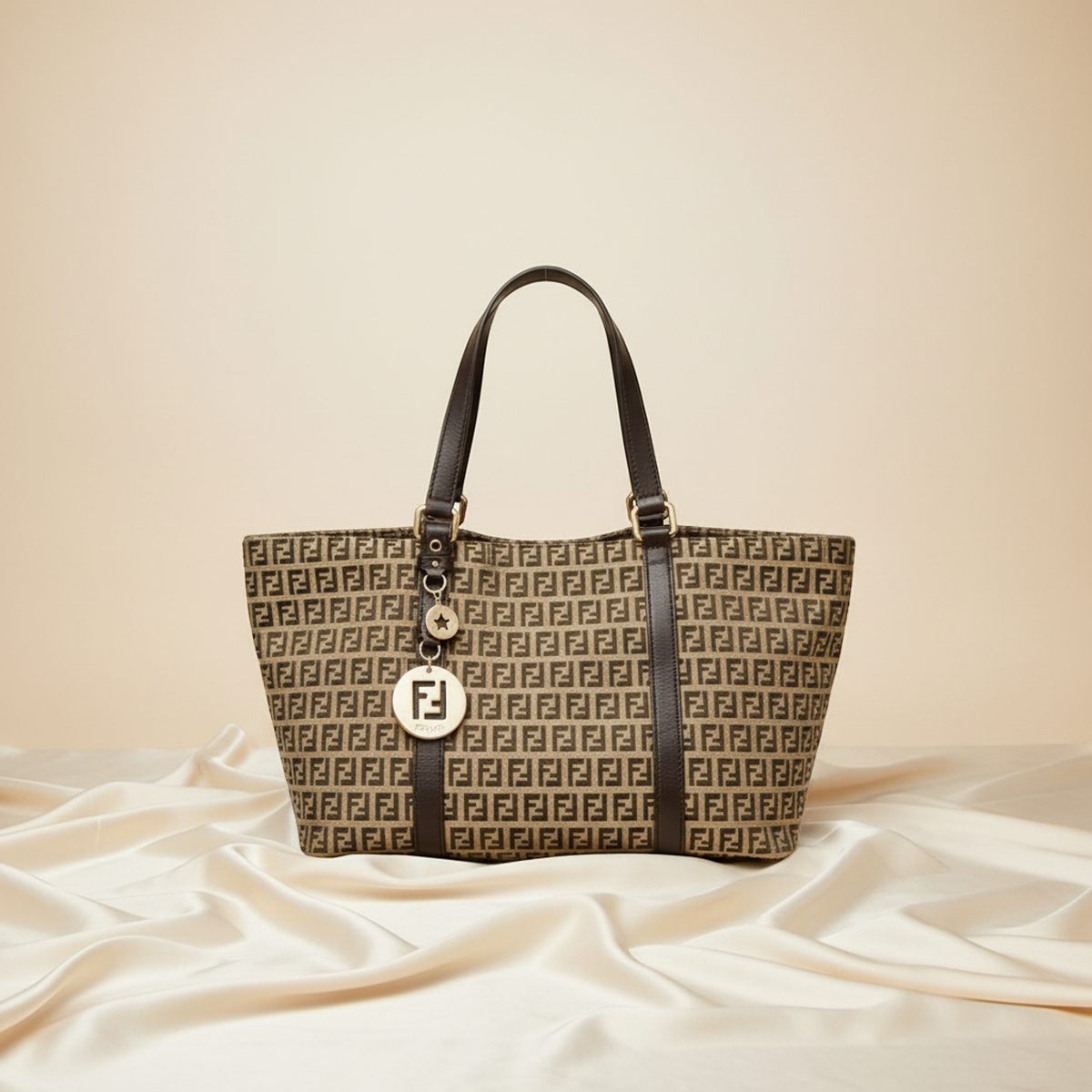 Fendi Zucchino 8BH215 Women's Canvas,Leather Tote Bag Beige,Brown