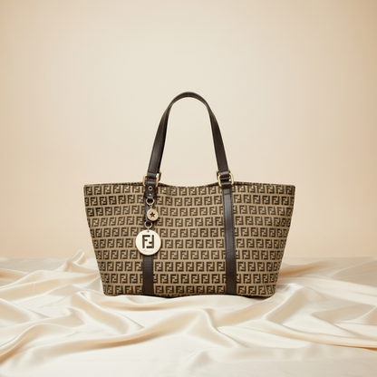 Fendi Zucchino 8BH215 Women's Canvas,Leather Tote Bag Beige,Brown