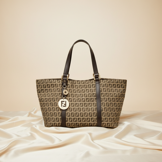 Fendi Zucchino 8BH215 Women's Canvas,Leather Tote Bag Beige,Brown