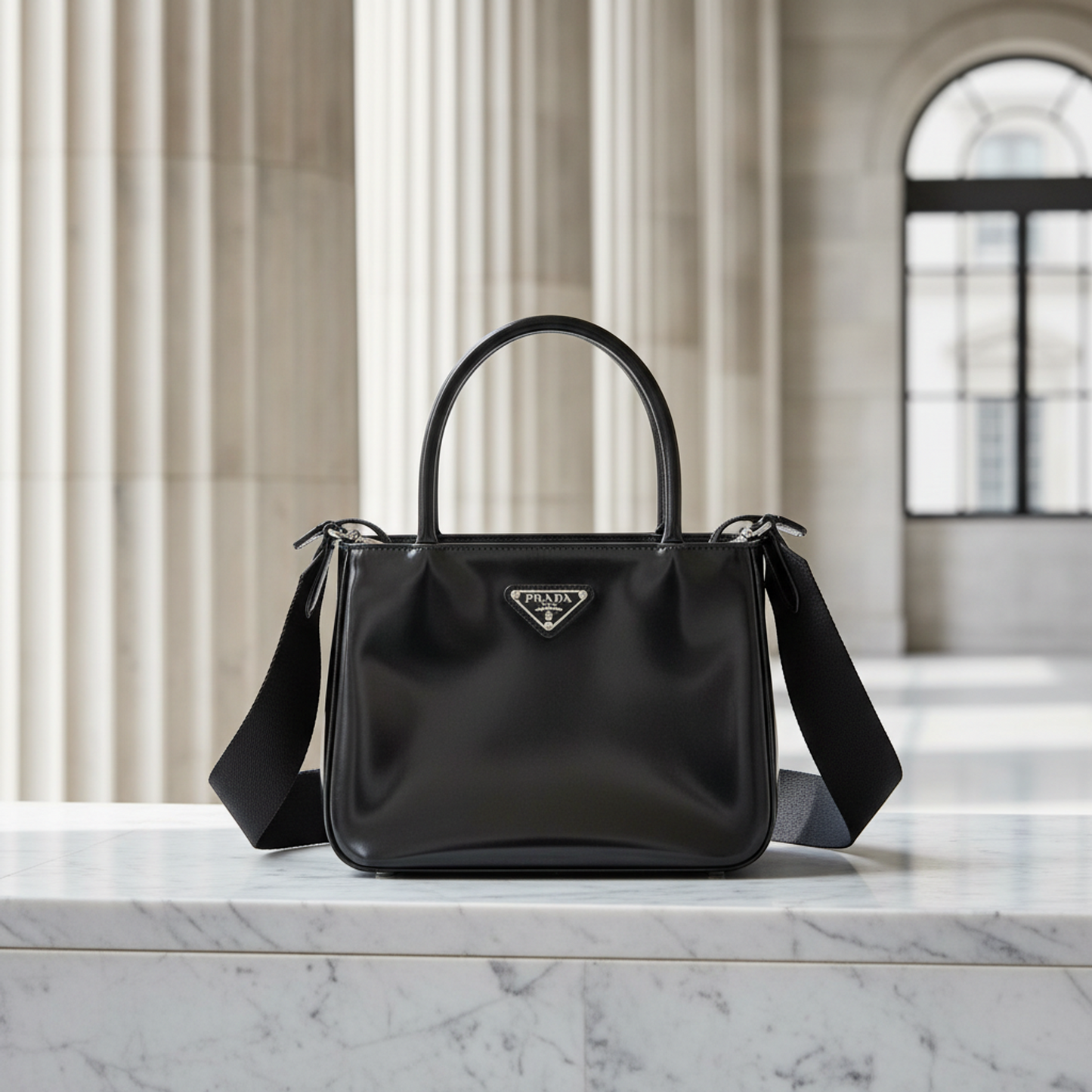 Prada Brushed Leather SPAZZOLATO 1BA320 Women's Leather Handbag,Shoulder Bag Black