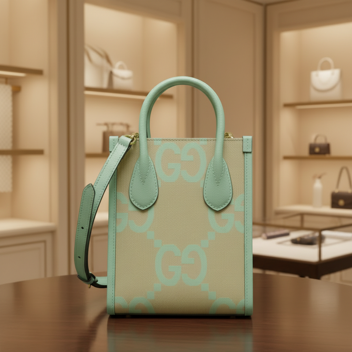 Gucci Jumbo GG 671623 Women's Canvas,Leather Handbag,Shoulder Bag Beige,Light Green