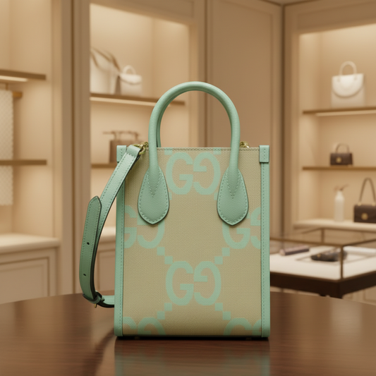 Gucci Jumbo GG 671623 Women's Canvas,Leather Handbag,Shoulder Bag Beige,Light Green