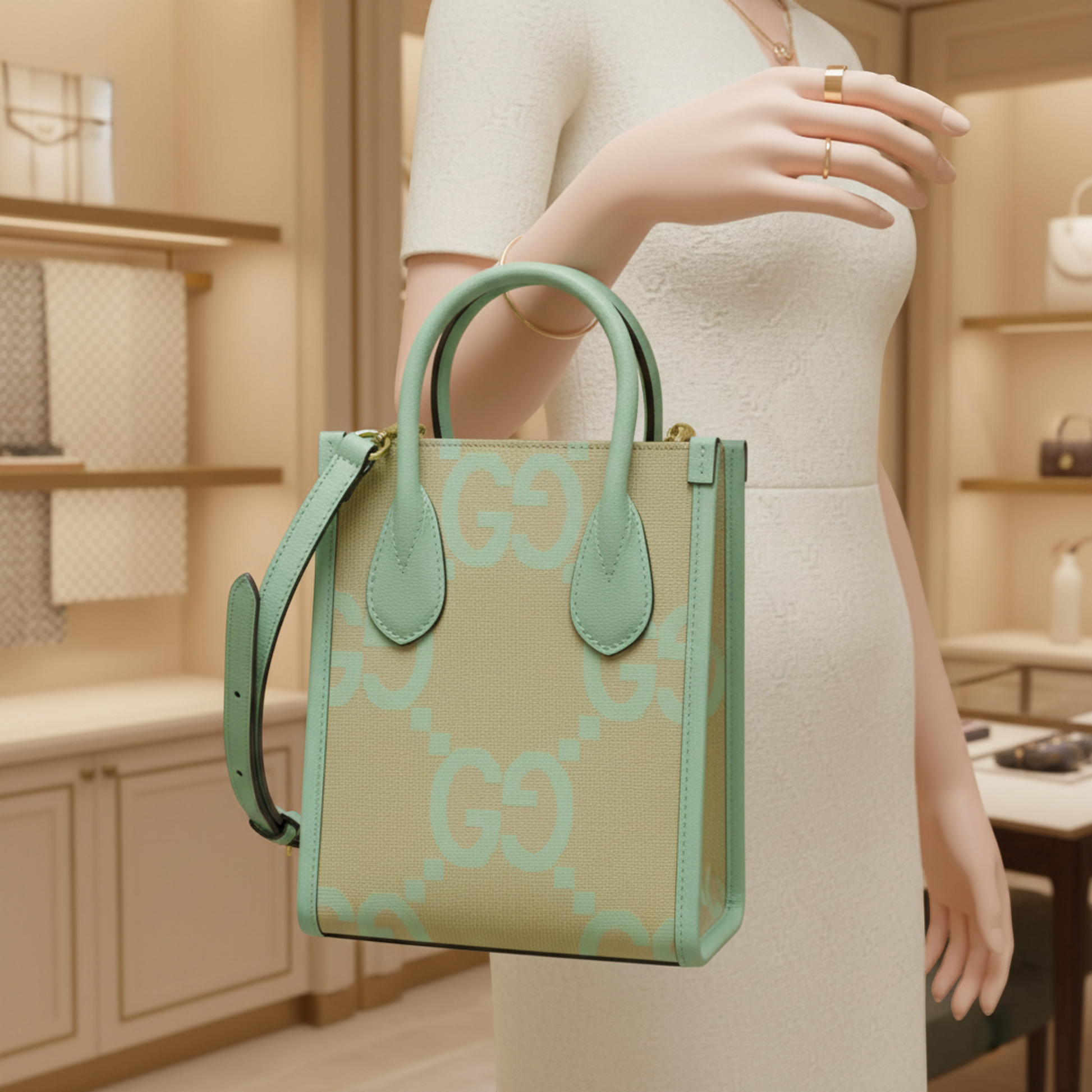 Gucci Jumbo GG 671623 Women's Canvas,Leather Handbag,Shoulder Bag Beige,Light Green