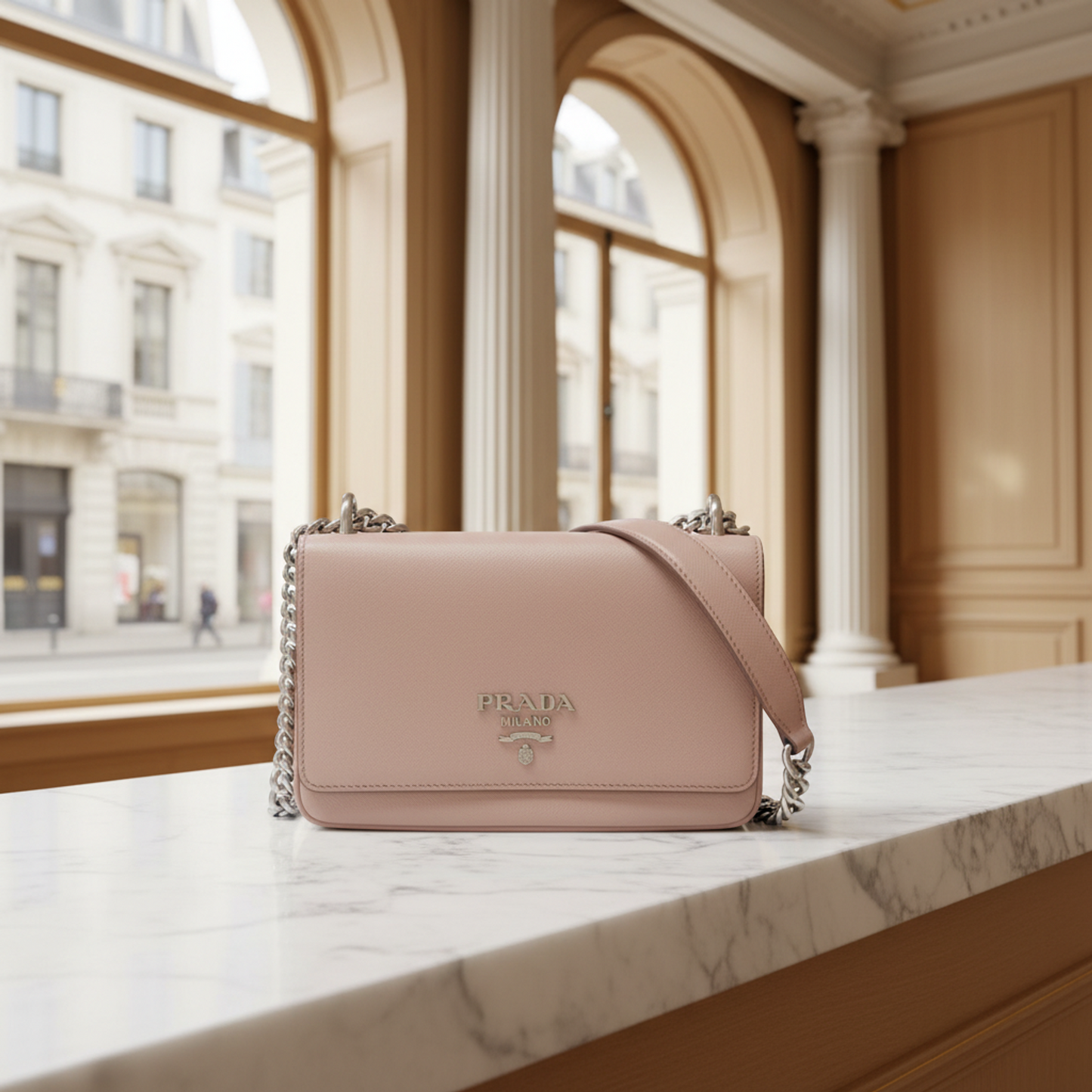 Prada Saffiano Chain Shoulder Bag 1BD144 Women's Leather Shoulder Bag Pink Beige
