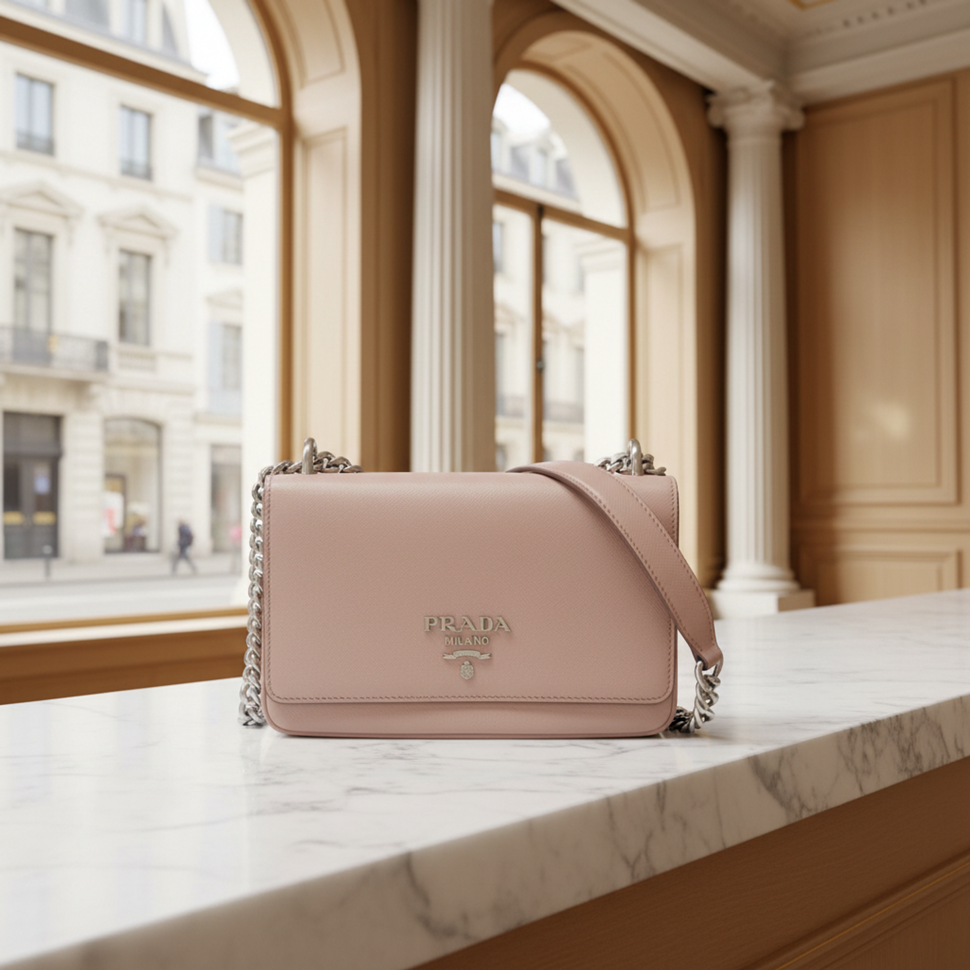 Prada Saffiano Chain Shoulder Bag 1BD144 Women's Leather Shoulder Bag Pink Beige