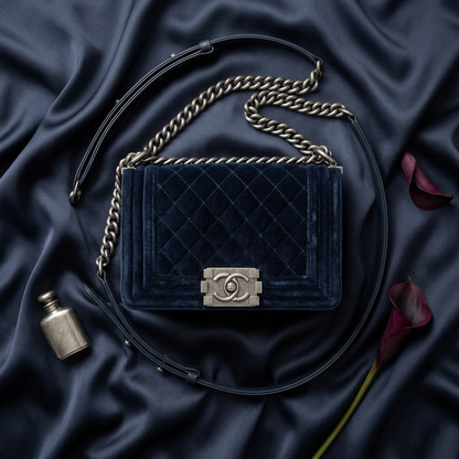 Chanel Boy Chanel Chain Shoulder Bag Women's Velvet Shoulder Bag Navy