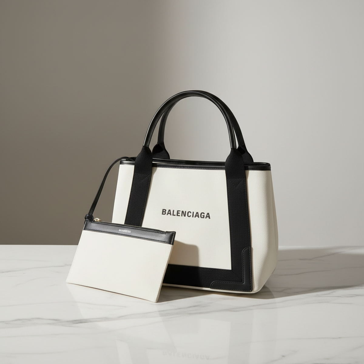 Balenciaga Navy Cabas S 339933 Women's Canvas,Leather Handbag Black,Off-white